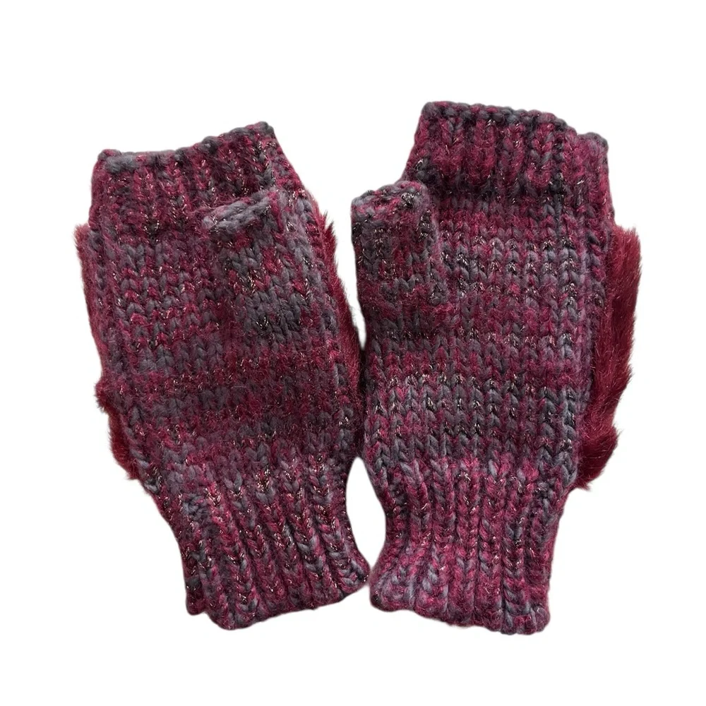 SAKS FIFTH AVENUE Fingerless Knit Gloves Faux Fur Burgundy Gray Metallic